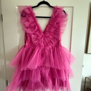 Boutique Pink Ruffled Mesh Mini Dress- Size L